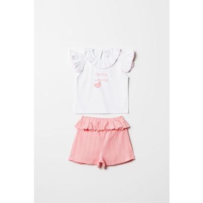 "Hello World" Fırfır Yakalı Kız Bebek Şortlu Takım Pembe-Beyaz 12-18 AY