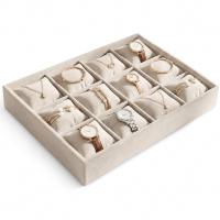12 Bölmeli Kadife Saat ve Bileklik Kutusu, Krem Renk Takı Organizeri, MDF Gövdeli Dayanıklı Mücevher Saklama Sergileme Kutusu, 34 x 25 cm Saat Kolye Bileklik Ev Dolap İçi İçin Takı Düzenleme Kutusu