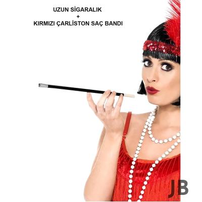 192039ler 199039lar Gatsby Kadın Aksesuar Seti – Kırmızı Charleston Saç Bandı Ve Lık