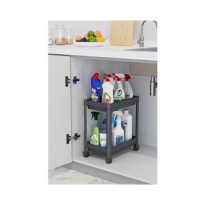 2 Katlı Tekerlekli Düzenleyici Raf Mutfak Tezgah & Evye Altı Dolap İçi Organizer, Banyo Deterjanlık ve Şampuanlık, Çok Amaçlı Taşınabilir Sebzelik, Modern Dekoratif Mutfak Raf Ünitesi (SİYAH)