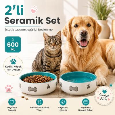 2'li El Yapımı Seramik Kedi Köpek Mama ve Su Kabı Seti, 350 ml Kabartma Desenli Stoneware, BPA İçermez Gıda Güvenli, Kaymaz Tabanlı, Kedi Köpek Mama Kabı Takımı (Turkuaz)