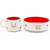 2'li El Yapımı Seramik Kupa Seti Sevimli Kedi Köpek Kalp Desenli Stoneware Mug 200 ml Renkli İçli Doğal Seramik Çay Kahve Bardağı Hayvan Severlere Hediye Gıda Güvenli (Kırmızı)