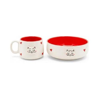2'li El Yapımı Seramik Kupa Seti Sevimli Kedi Köpek Kalp Desenli Stoneware Mug 200 ml Renkli İçli Doğal Seramik Çay Kahve Bardağı Hayvan Severlere Hediye Gıda Güvenli (Kırmızı)