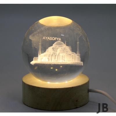 3d Kristal Cam Küre Ahşap Soketli İstanbul Temalı Led Lamba Alk2573