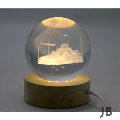 3d Kristal Cam Küre Ahşap Soketli İstanbul Temalı Led Lamba Aalk2574