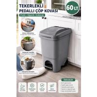 60 Lt Tekerlekli Pedallı Çöp Kovası | Büyük Boy Plastik Çöp Kutusu | Hijyenik Pedallı Kapaklı Ev, Ofis ve Bahçe Kullanımı