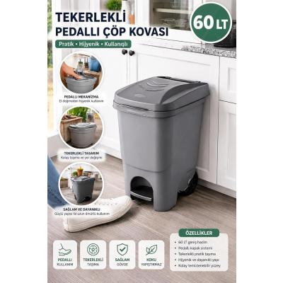 60 Lt Tekerlekli Pedallı Çöp Kovası | Büyük Boy Plastik Çöp Kutusu | Hijyenik Pedallı Kapaklı Ev, Ofis ve Bahçe Kullanımı