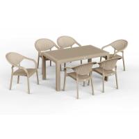 90 x 150 Bambu Plastik Rattan Camsız Bahçe Balkon Teras Masa Sandalye Takımı 6 Kolçaklı Sandalyeli (Krem)