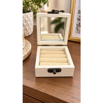 Ahşap Takı Kutusu Aynalı Dekoratif Mücevher ve Yüzük Saklama Kutusu 7x7x4 cm