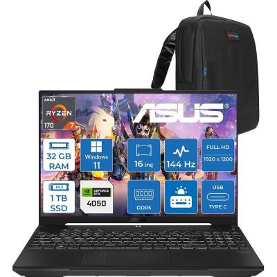 Asus Tuf Gaming A16 (FA607NUQ-GAMING) Amd Ryzen™ 7 170 32GB Ddr5 1tb SSD RTX4050/6GB 140W 16″/fhd+ 16:10 (1920 x 1200, Wuxga) 300 Nits, 144Hz, WIN11PRO Taşınabilir Bilgisayar RL028P13+ZETTAÇANTA