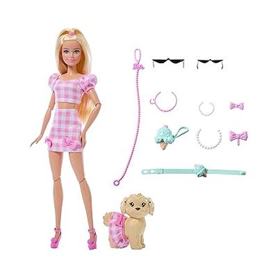 Barbie Uyumlu Dostlar sarı saçlı bebek ve köpekçiği, Pötikare desenli, pembe renkli kıyafetler giyen ve güneş gözlüğü, kolye ve fiyonk gibi aksesuarlar takan, JFP36