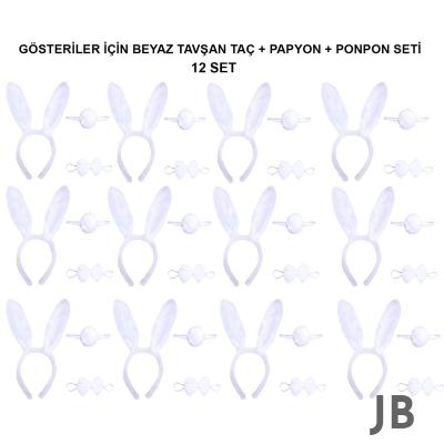 Beyaz Tavşan Kostüm Seti – Taç, Papyon, Kuyruk (12’li Paket)