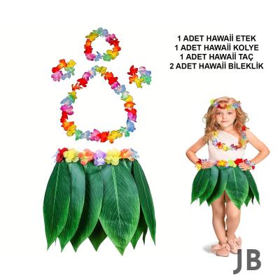 Çocuk Hawaii Kostüm Seti - Yaprak Etek  Hawaii Set - 5 Parça