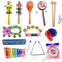 Çocuk Müzik Aletleri Seti, 12 Parça Ahşap Ritim Enstrümanları, Anaokulu Okul Öncesi Eğitici Oyuncak, 3-10 Yaş, Ksilofon Tambur Marakas Üçgen Zil