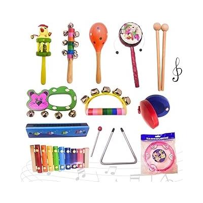 Çocuk Müzik Aletleri Seti, 12 Parça Ahşap Ritim Enstrümanları, Anaokulu Okul Öncesi Eğitici Oyuncak, 3-10 Yaş, Ksilofon Tambur Marakas Üçgen Zil