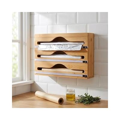 Deconox 3 Bölmeli Doğal Bambu Folyoluk ve Streç Film Kesici Organizer - Sürgülü Bıçaklı Çekmece İçi Düzenleyici Pişirme Kağıdı ve Alüminyum Folyo Standı Mutfak Organizeri (35,5 x 22 x 7 cm)