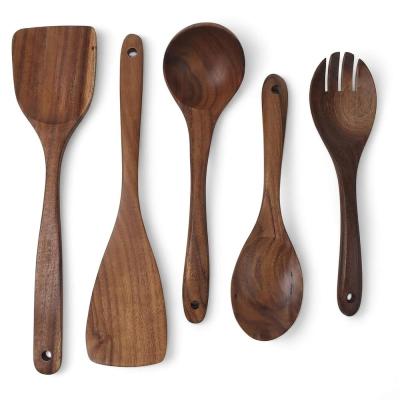 Deconox 5 Parça Doğal Akasya Ağacı Mutfak Gereçleri Seti - Çizilmez Tahta Kepçe, Spatula, Servis Kaşığı ve Çatalı