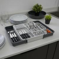 Deconox Çekmece İçi Sürgülü Çatal Kaşık ve Bıçaklık Organizeri - Genişleyebilir Modüler Mutfak Düzenleyici (Açık 55 cm, Kapalı 34 cm) - Açık Gri ve Antrasit Renk