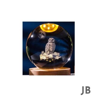 Dekoratif Baykuş Tasarımlı Ahşap Altlıklı Işıklı Cam Küre Büyük Boy 8cm