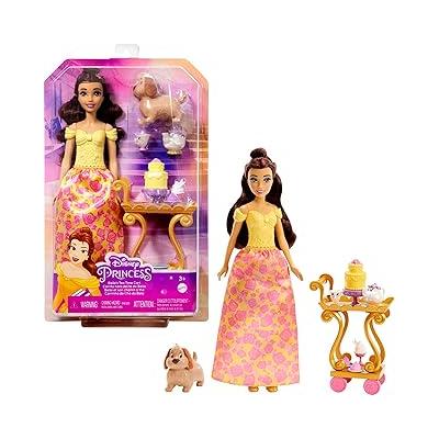 Disney Princess Belle Tea Time Moda Bebek ve Oyun Seti, Çay Arabalı, 3 Karakter Arkadaşlar ve Yemek Aksesuarları