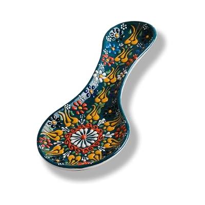 El Yapımı Seramik Kaşıklık, Tezgah Üstü ve Ocak Yanı Kirli Kaşık Altlığı, Çini Desenli 25 cm Kepçelik ve Spatula Standı, Bulaşık Makinesinde Yıkanabilir Mutfak Hediyesi
