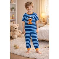 Erkek Çocuk Pamuklu Çizgili Baskılı Kısa Kollu Uzun Alt Pijama Takımı
