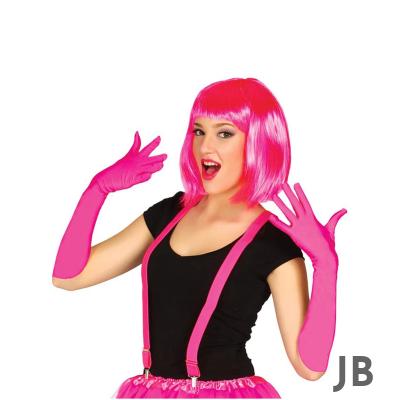 Fuşya Renk Saten Uzun Eldiven Ve Küt Parti Peruğu