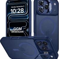 GGM GİYİM & AKSESUAR MagSafe ile Uyumlu Kamera Lens Hediyeli Mat Şeffaf PC Telefon Kılıfı Manyetik Standlı Darbe Emici Mavi iPhone 17 Pro Max