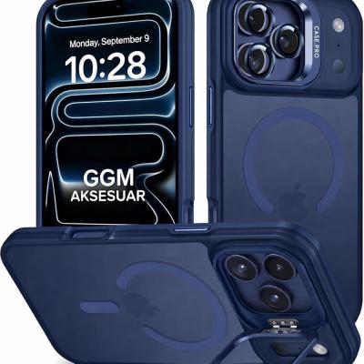 GGM GİYİM & AKSESUAR MagSafe ile Uyumlu Kamera Lens Hediyeli Mat Şeffaf PC Telefon Kılıfı Manyetik Standlı Darbe Emici Mavi iPhone 17 Pro Max