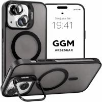 GGM GİYİM & AKSESUAR MagSafe ile Uyumlu Kamera Lens Hediyeli Mat Şeffaf PC Telefon Kılıfı – Manyetik Standlı, Darbe Emici (Siyah, iPhone 14)