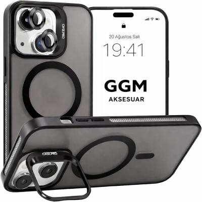 GGM GİYİM & AKSESUAR MagSafe ile Uyumlu Kamera Lens Hediyeli Mat Şeffaf PC Telefon Kılıfı – Manyetik Standlı, Darbe Emici (Siyah, iPhone 14)