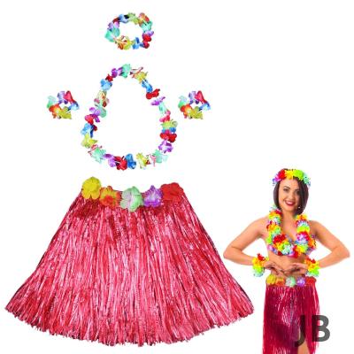 Hawaii Dans Kostümü – Kırmızı Hula Etek  Çiçek Kolye Seti