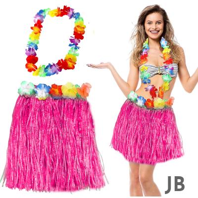 Hawaii Luau Aloha Pembe Püsküllü 40 Cm Etek Ve Hawaii Kolye Seti