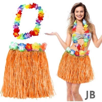 Hawaii Luau Aloha Turuncu Püsküllü 40 Cm Etek Ve Hawaii Kolye Seti