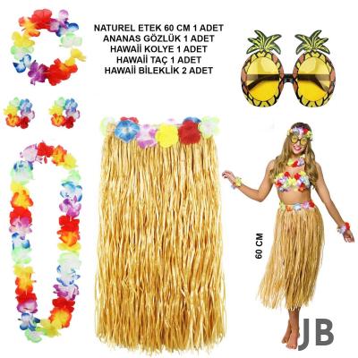 Hawaii Parti Kostüm Seti - 60 Cm Hasır Etek, Çiçekli Aksesuarlar Ve Ananas Gözlük