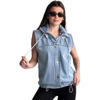 Kadın Kapüşonlu Jean Yelek Oversize Denim Günlük Basic Kot Yelek