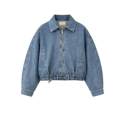 Kadın Oversize Jean Ceket Kemer Detaylı Denim Bomber Kot Ceket