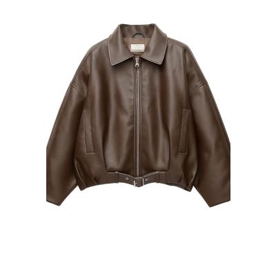 Kadın Oversize Suni Deri Bomber Ceket – Kemerli, Fermuarlı Kısa Mont – Sonbahar/Kış Ceket – Şık ve Rahat Günlük Stil