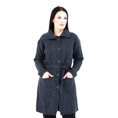 Kadın Uzun Düğmeli Cepli Kuşaklı Yakalı Yün Hırka Anne Hırka