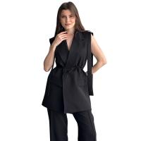 Kadın Vatkalı Blazer Yelek Pantolon Takım – Kemer Detaylı Şık İkili Takım, Geniş Paça Pantolon