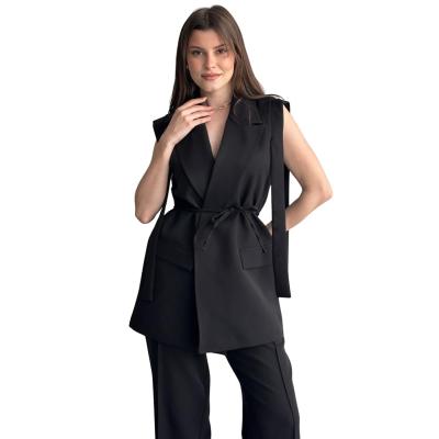 Kadın Vatkalı Blazer Yelek Pantolon Takım – Kemer Detaylı Şık İkili Takım, Geniş Paça Pantolon