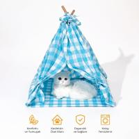 Kedi Çadırı Teepee Tarzı Mavi Ekose Desenli Kedi Evi