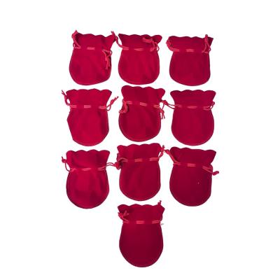 Kırmızı Kadife Kese Lale Şekilli Takı Torbası 10'lu Set 7x9 cm