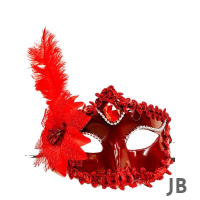 Kırmızı Mat Renk Yandan Tüylü Güllü Parti Balo Venedik Maskesi 16x22