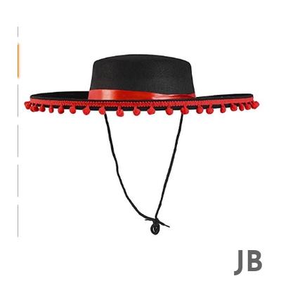 Kırmızı Ponponlu Siyah Renk Çocuk İspanyol Şapkası