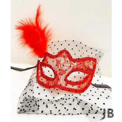 Kırmızı Renk Dantelli Duvaklı İncili Parti Maskesi Balo