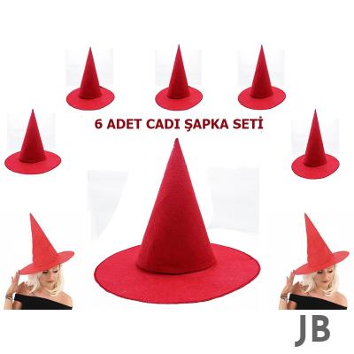 Kırmızı Renk Keçe Cadı Şapkası Yetişkin Çocuk Uyumlu 6 Adet