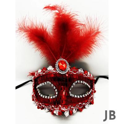 Kırmızı Renk Payetli Pullu Tüylü Parti Maskesi 17x20 Cm