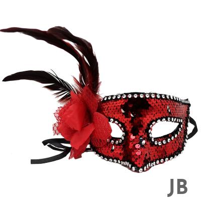 Kırmızı Renk Yandan Tüylü Güllü Gümüş Taşlı Pullu Maske 20x22 Cm