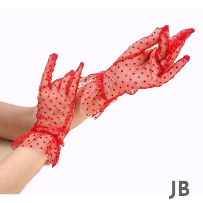 Kısa Boy Güpürlü Kırmızı Puantiyeli Tül Eldiven Kırmızı Renk